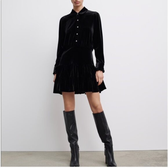 Zara Black Velvet Mini Ruffle Mini Flare Dress Size XS NEW WITH TAG! - Picture 1 of 9
